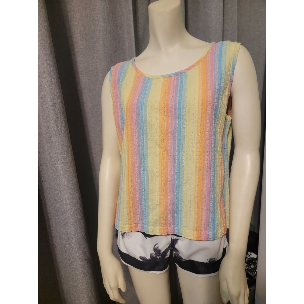 Vtg Y2K Sleeveless Rainbow Tank Lemon Grass Studio Stretch Waffle Cotton‎ Sz XL